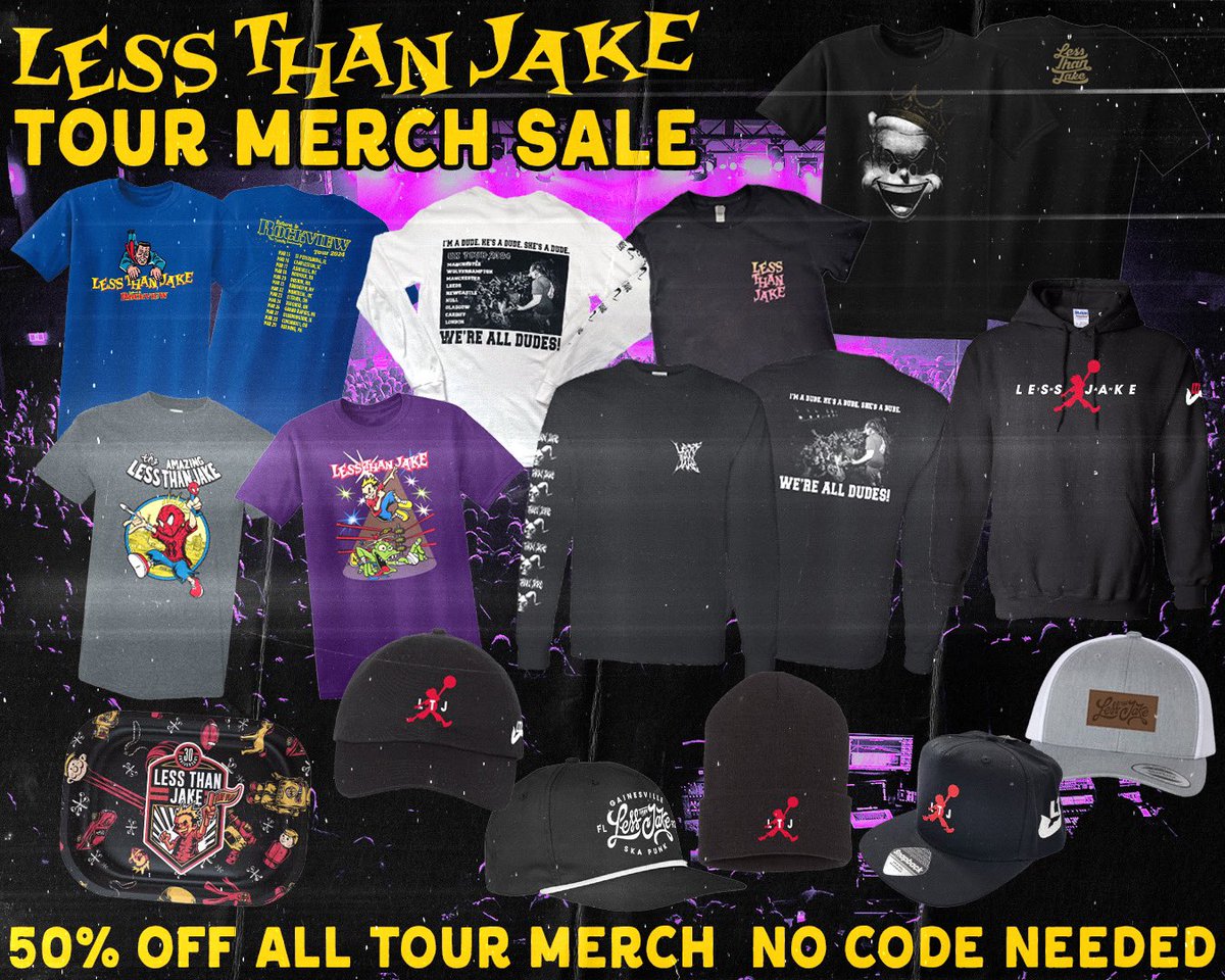 TOUR MERCH SALE! You would be an April fool to miss this! No code needed to grab 50% off tour merch across the US and UK stores! Pick up something you missed or just double up on your favorite shirt! What are you waiting for? lessthanjake.com