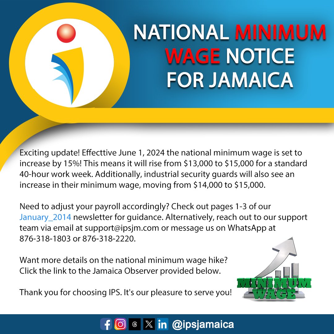 ipsjamaica's tweet photo. Get ready for positive change! 
June 2024 brings a much-needed boost as minimum wage increases. 💼💰 #MinimumWage #June2024 #FairPay #IPSCares #PayrollMatters #WageIncrease

For more details visit the link below. 

https://t.co/j5DTlKBxKi https://t.co/fUJg7Q51h1