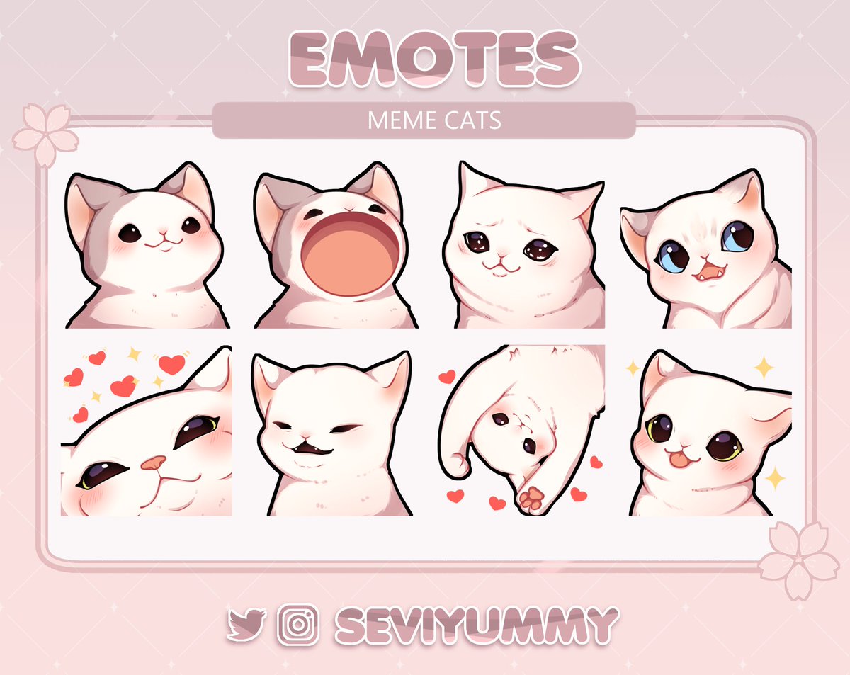 🩷 Meme cats 🩷 Pre-made sets of emotes! 🌸💲1⃣0⃣ usd the whole set ^^🌸 You can find these and more here: ✨ etsy.com/shop/SeviYummy ✨ ko-fi.com/seviyummy/shop