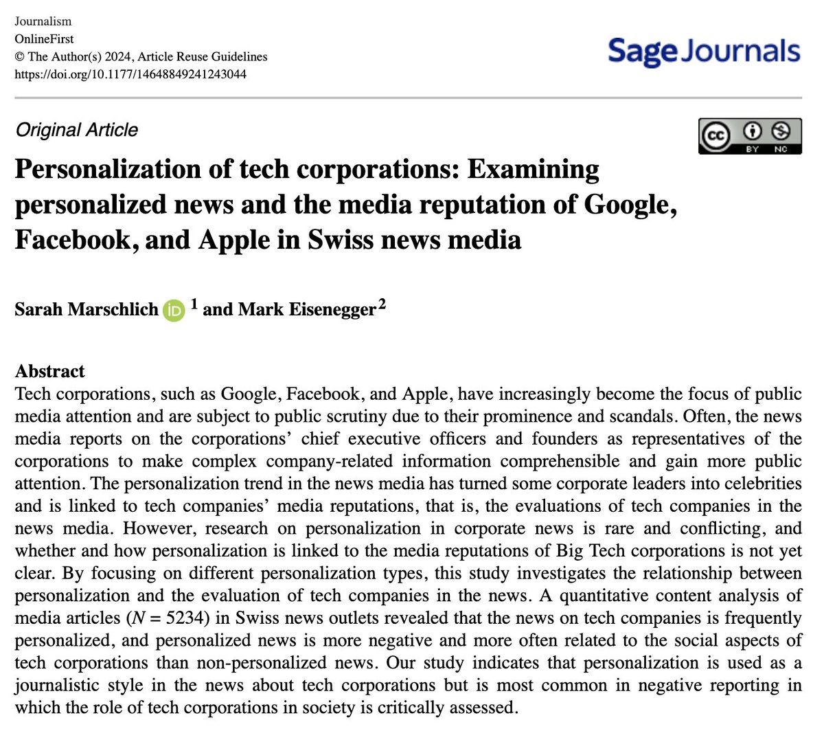 🚨 PubAlert 🚨 In our #openaccess publication @Mark_Eisenegger & I explore how personalization, i.e., the focus on personalities such as CEOs, in the news is related to the reputation of #BigTech in the news 💡We show: Personalized news are more negative 👉shorturl.at/xSW78