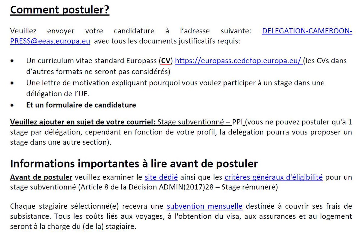 L'#UE au Cameroun et pour la Guinée Equatoriale veut recruter un (e) stagiaire   Etes-vous un(e) jeune diplômé(e) intéressé(e) par les Relations internationales? Envoyez votre candidature ! Date limite… 10/04/2024 à 18h (Heure locale)   Plus : eeas.europa.eu/delegations/ca…   🇨🇲🤝🇪🇺