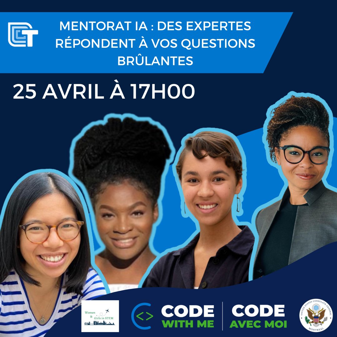 USConsulate Montréal (@usconsmontreal) on Twitter photo Le jeudi 25 avril, vous êtes conviée à notre dernier atelier d'une série sur l'intelligence artificielle organisé en collaboration avec <a href="/TechnovationMtl/">TechnovationMontréal</a>.
Venez échanger avec les expertes Melisande Teng, Maude Lizaire et Nicole Osayande sur les opportunités d'études, de carrière Le jeudi 25 avril, vous êtes conviée à notre dernier atelier d'une série sur l'intelligence artificielle organisé en collaboration avec <a href="/TechnovationMtl/">TechnovationMontréal</a>.
Venez échanger avec les expertes Melisande Teng, Maude Lizaire et Nicole Osayande sur les opportunités d'études, de carrière