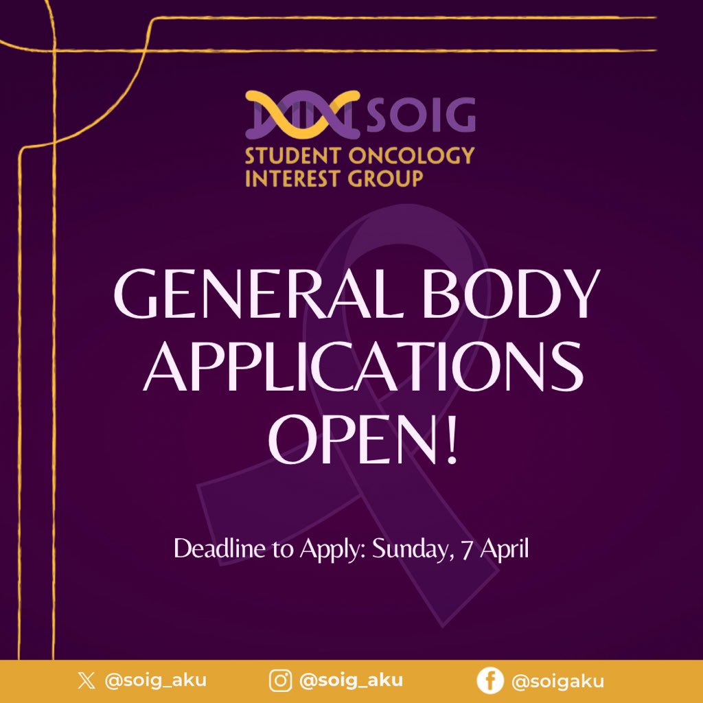 soig_aku's tweet photo. The Student Oncology Interest Group (SOIG) is thrilled to announce that our general body applications are now open!

Link to Apply: https://t.co/YvoV78x4en

Applications close on Sunday, 7th April. 
Apply now!

Note: This form is for AKU Students only https://t.co/cbSC0eQdR8