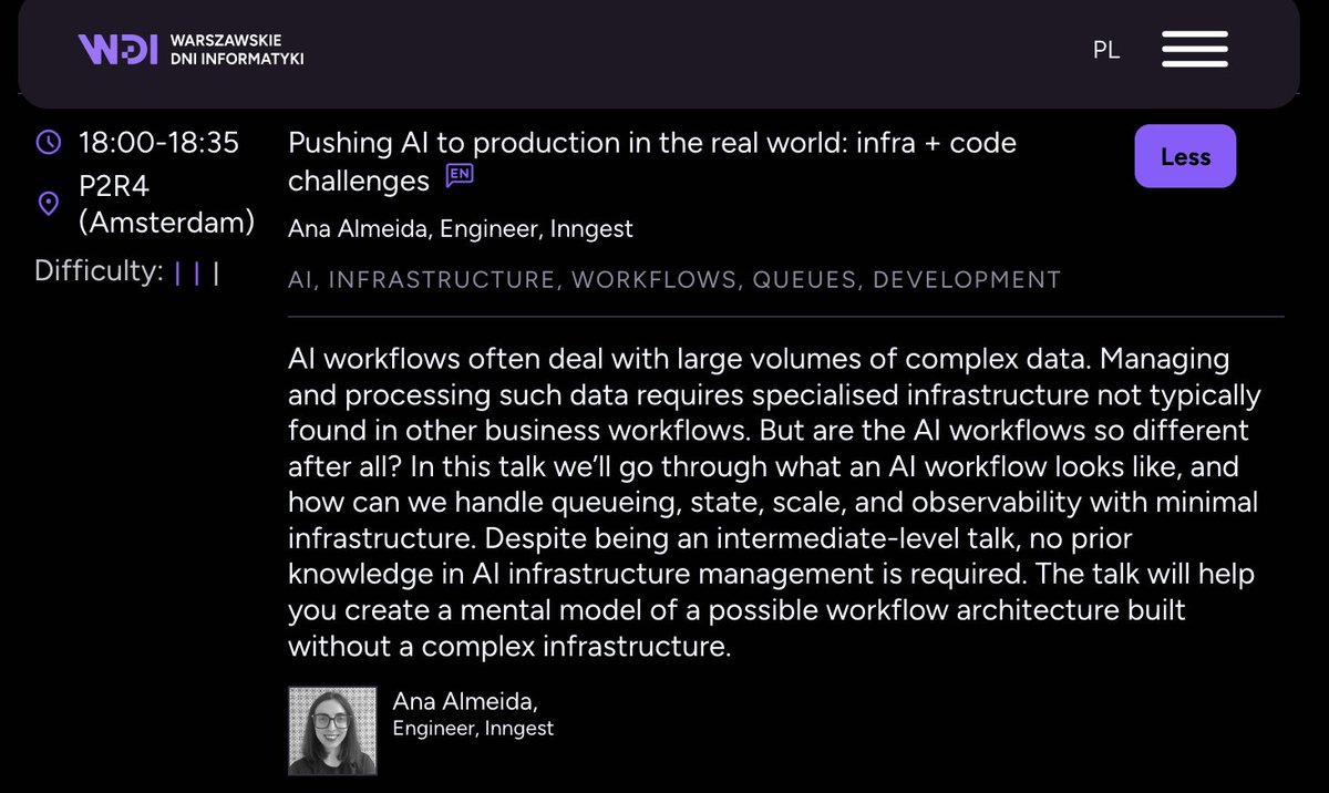 Hello Poland 🇵🇱 This Saturday our colleague Ana Almeida will speak about the challenges connected to pushing AI to production at @WDI_conference. Come say hi💜