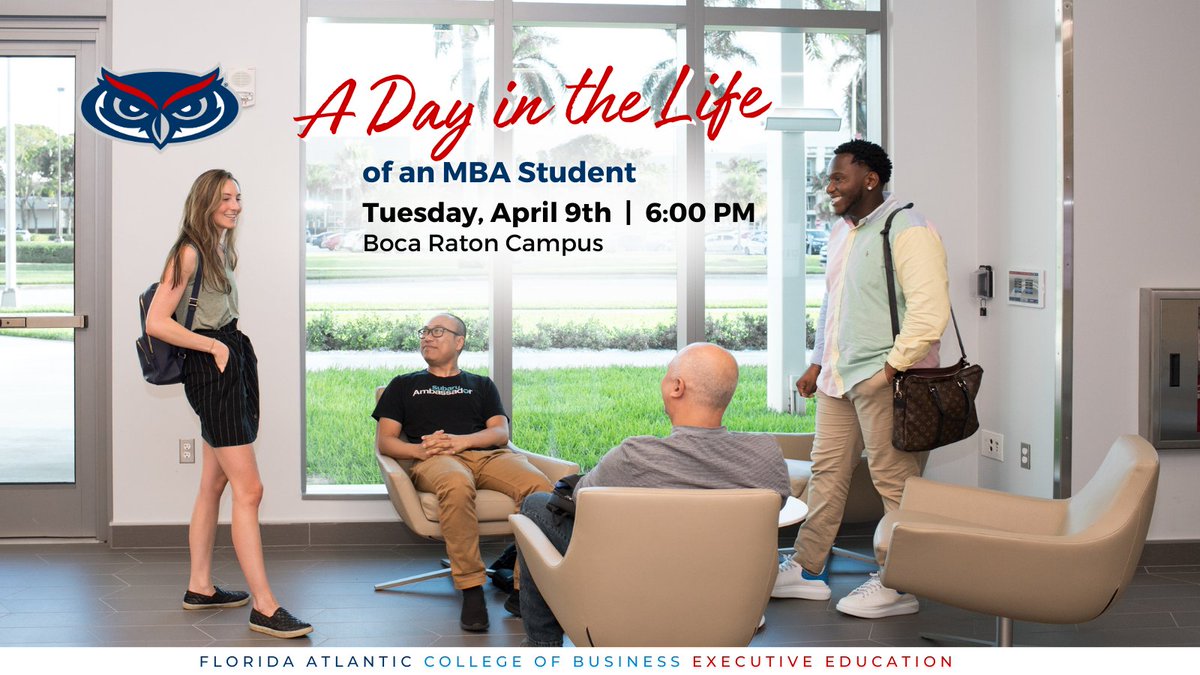 Experience a Day in the Life of an #MBA & MBA #Sport student. You will have the opportunity to join a business course discussion, tour our executive facilities and meet faculty while connecting with current students. ➡️Tuesday, April 9th | 6:00 PM RSVP: linktr.ee/fauexeced