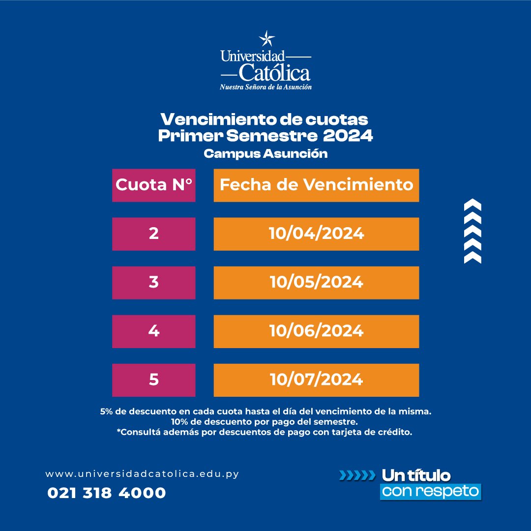 ¡Atención estudiantes UC Campus Asunción! 📣

Les recordamos las fechas de vencimiento de las cuotas del primer semestre 🗓️✍🏻✨