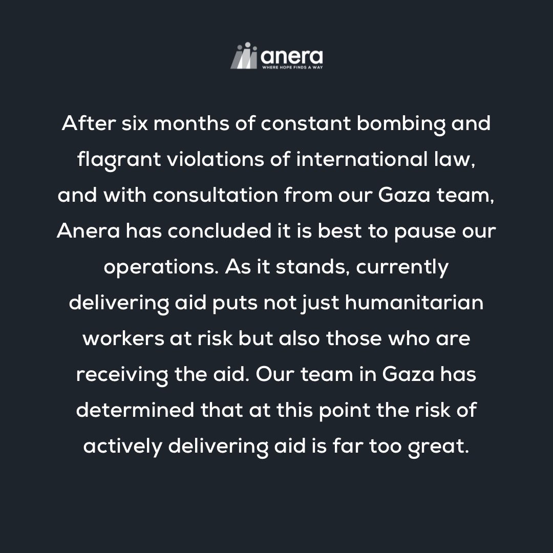 Our team has determined that at this point the risk of actively delivering aid in Gaza is far too great. This decision was not made lightly. Please visit our website for FAQ’s: anera.org/faq-emergency-…