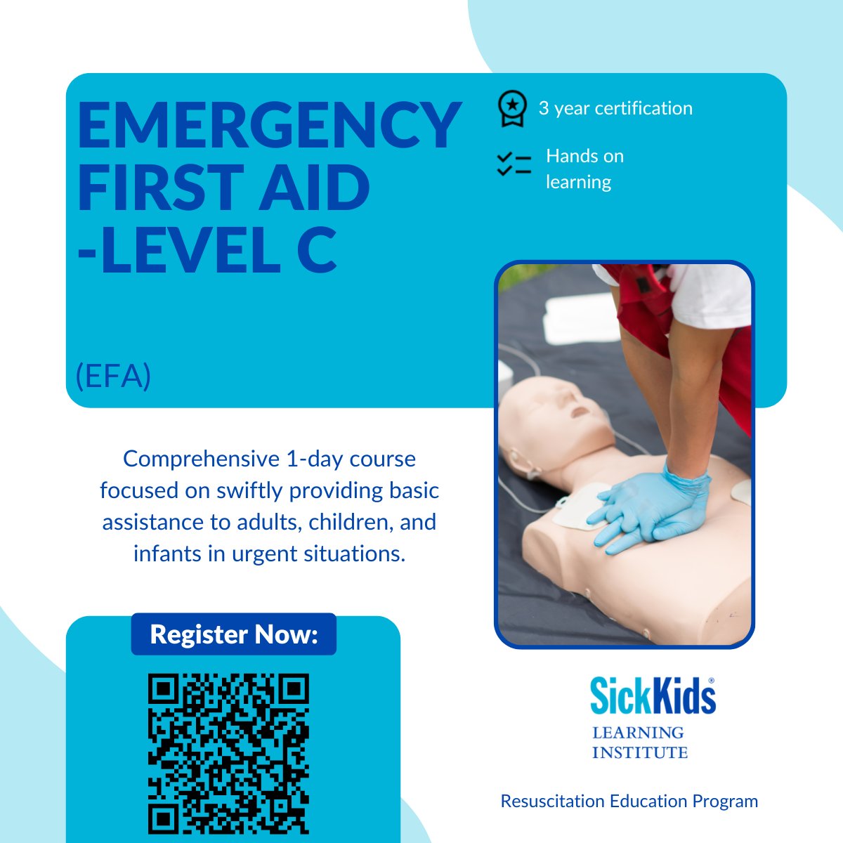 SickKidsNews's tweet photo. Join us on April 4 for our 1-day EFA Level C course! Master essential skills for aiding adults, children and infants in urgent situations. Developed by @HeartandStroke &amp; offered at SickKids’ Simulation Centre: https://t.co/OpZTspYcuj #FirstAid #SKLearning https://t.co/wlepd8KJeC