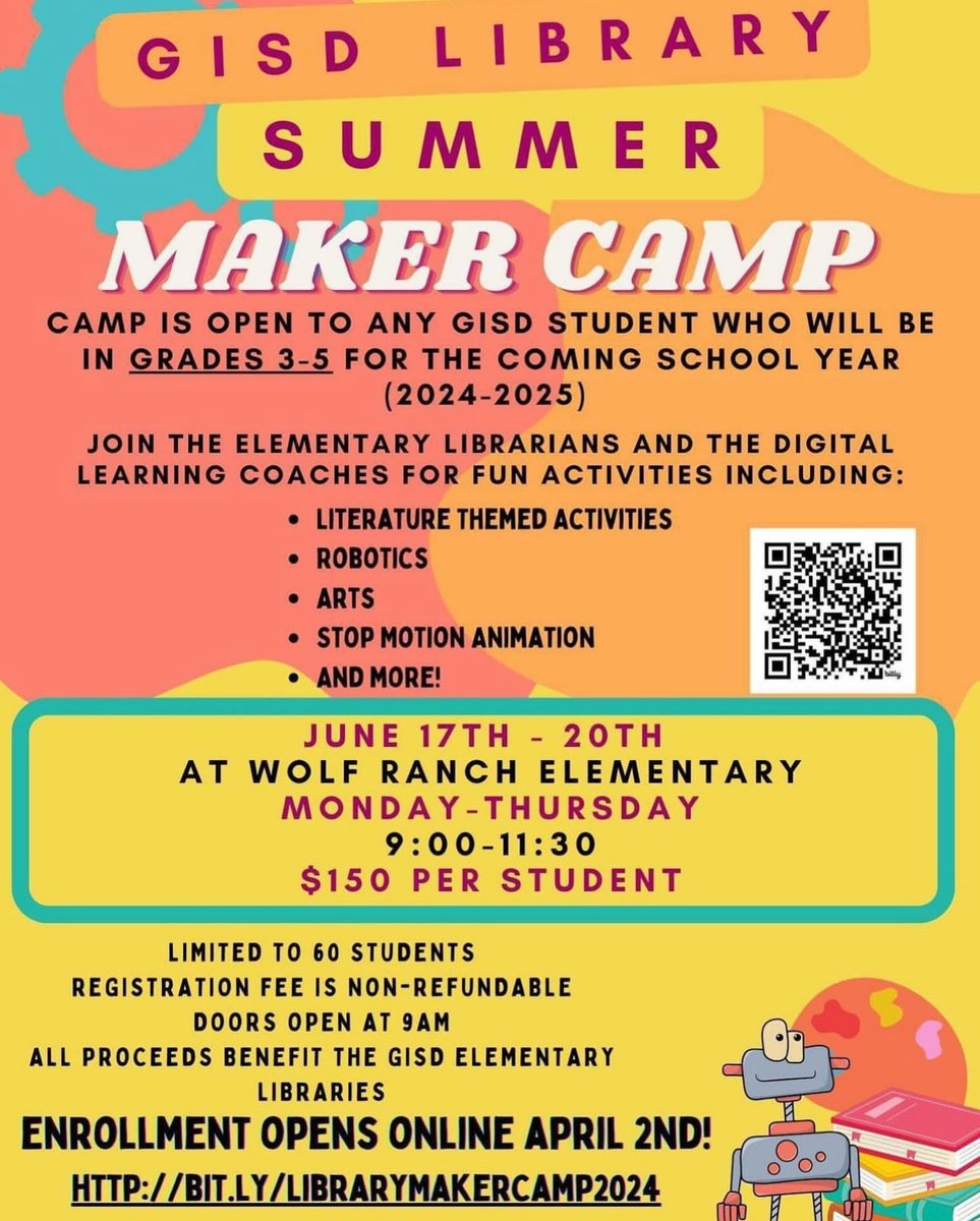 Summer planning starts now! Sign up is OPEN but limited to 60 ⁦@GeorgetownISD⁩ students entering 3rd -5th grade next year. ⁦@WolfRanchElem⁩ #summermakercamp #robotics #stopmotion #libraryfun #WRreads #PioneerTOUGH