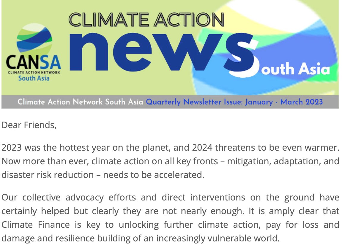 We are pleased to share the first quarter newsletter of 2024! CANSA will be joining the global campaign for ambitious climate finance targets for the New Collective Quantified Goal (NCQG) ahead of COP29 and will soon reach out to you for your participation cansouthasia.net/can-south-asia…