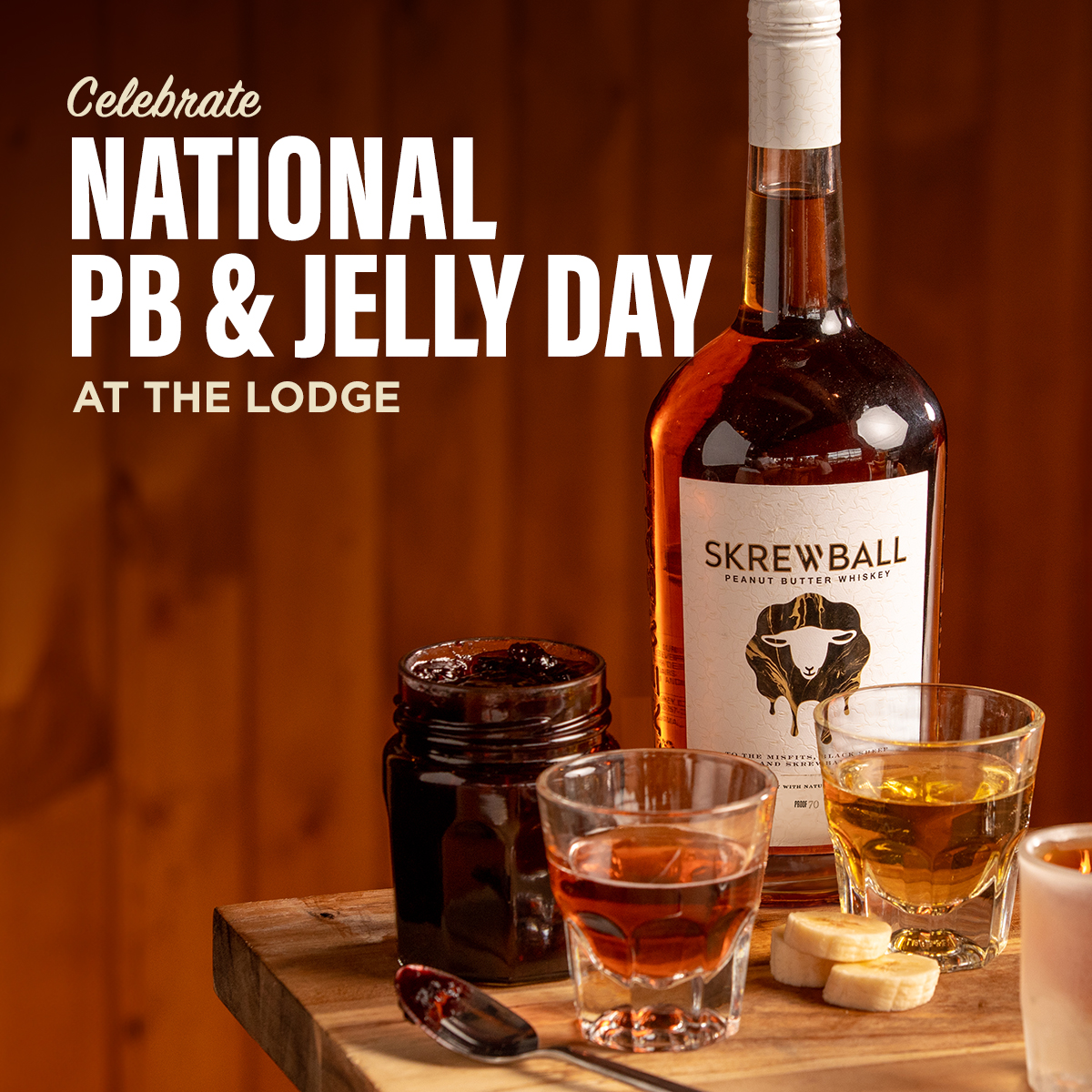 All kick. No crust. Celebrate National Peanut Butter & Jelly Day at the lodge with a smooth shot of Skrewball Whiskey and Raspberry Schnapps. #twinpeaksrestaurants #twinpeaksgirls #screwball #pbj #nationalpbjday