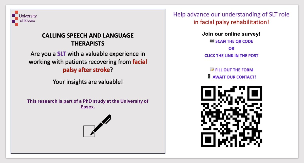 Seyma Calisgan (@seyma_calisgan) on Twitter photo 📣 Calling all 🇬🇧UK #SpeechAndLanguageTherapists
passionate about improving rehabilitation for #FacialPalsy after #Stroke?
Join our research study at <a href="/Uni_of_Essex/">University of Essex</a>.
Your insights will enhance #postStrokeFacialPalsy management. Learn more & participate now!
shorturl.at/BDE49 📣 Calling all 🇬🇧UK #SpeechAndLanguageTherapists
passionate about improving rehabilitation for #FacialPalsy after #Stroke?
Join our research study at <a href="/Uni_of_Essex/">University of Essex</a>.
Your insights will enhance #postStrokeFacialPalsy management. Learn more & participate now!
shorturl.at/BDE49