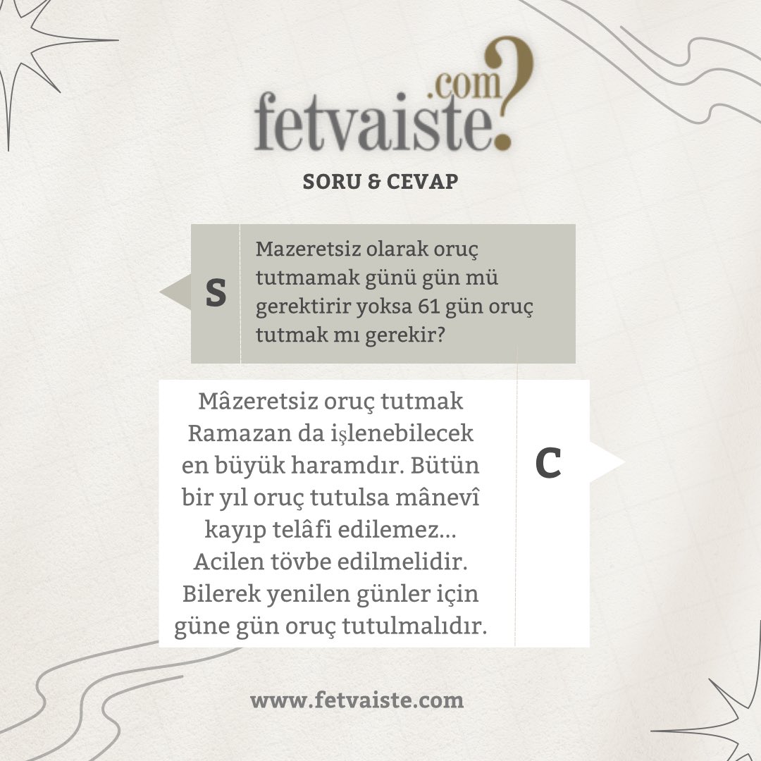 Fetvaiste's tweet photo. .
Mazeretsiz olarak oruç tutmamak günü gün mü gerektirir yoksa 61 gün oruç Tutmak mı gerekir?
#fetvaiste #fetva #fetvameclisi #fetvalar #birfetva #fetvakurulu #videofetva #ölüm #ahiret #kabir #cenaze #fetvahattı #fetvanet #fetvayokusu #fetvasor #fetvahane #fetvavar https://t.co/ytTWR9Rn9C