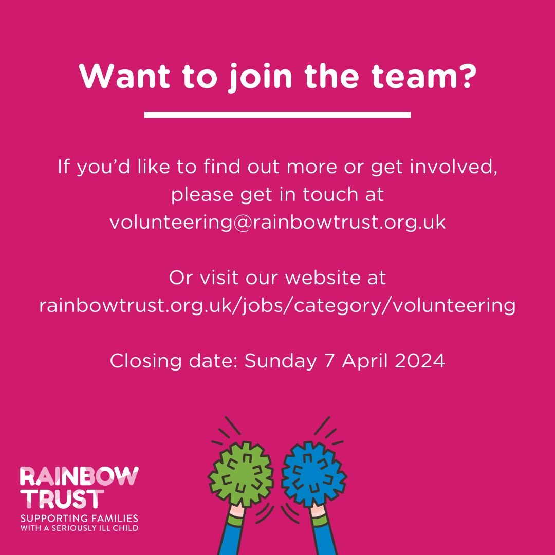📣Get your cheer on by volunteering at the London Marathon on Sunday 21 April!📣 We are looking for volunteers to join our cheer squad. If you want to be part of the incredible atmosphere, email volunteering@rainbowtrust.org.uk or visit rainbowtrust.org.uk/jobs/category/… #volunteering