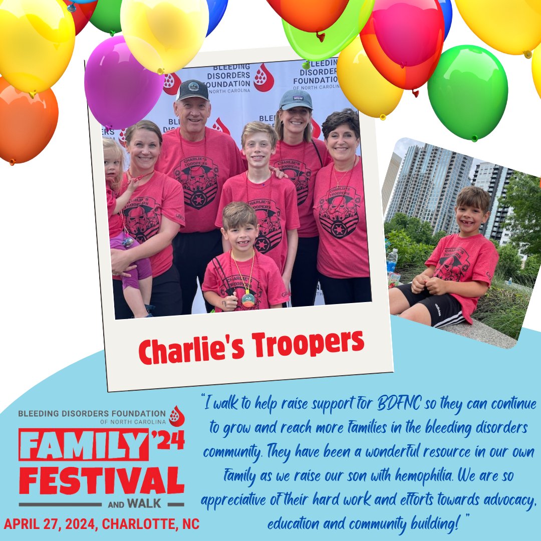 This #TeamTuesday we are highlighting Charlie's Troopers. 
'I walk to help raise support for BDFNC so they can continue to grow and reach more families in the bleeding disorders community. They have been a wonderful resource in our own family as we raise our son with hemophilia.'