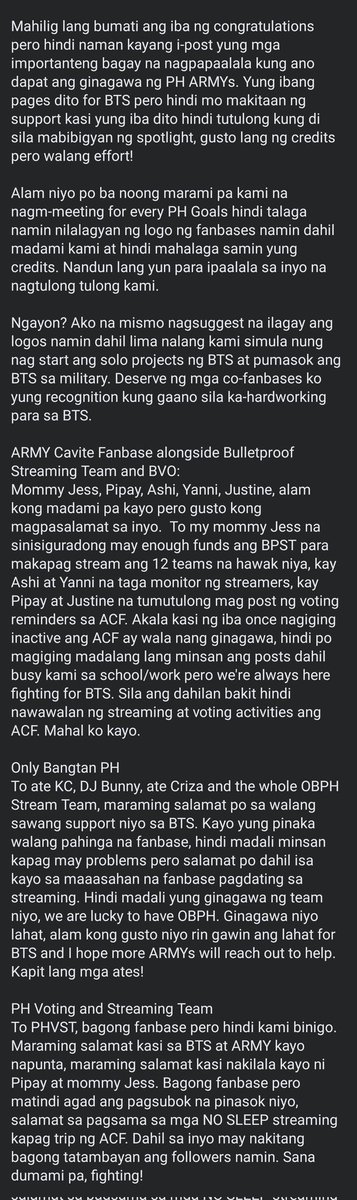 army_cavite's tweet photo. Hello PH ARMYs, head admin Bie here. I'm going to post this as well. Ang dami kong nabasang post sa Facebook nagsisisihan na rin sila pero walang sense of accountability na baka hindi lang dapat naninisi, dapat tinitignan rin ang sariling gawa.

Parang ang hirap kasi na manahimik nalang eh, we need to work on these concerns, PH ARMYs. Can we do something?

@OnlyBangtanPH @phvsteam @BTSonAMPH @BTSonRadioPH, ACF Team/BPST/BVO, mahal ko kayo 🥺💜