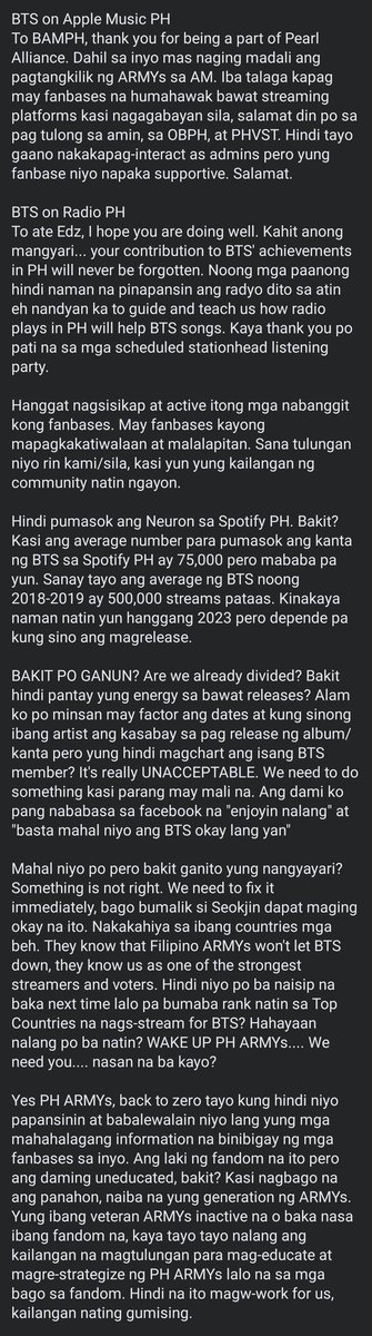 army_cavite's tweet photo. Hello PH ARMYs, head admin Bie here. I'm going to post this as well. Ang dami kong nabasang post sa Facebook nagsisisihan na rin sila pero walang sense of accountability na baka hindi lang dapat naninisi, dapat tinitignan rin ang sariling gawa.

Parang ang hirap kasi na manahimik nalang eh, we need to work on these concerns, PH ARMYs. Can we do something?

@OnlyBangtanPH @phvsteam @BTSonAMPH @BTSonRadioPH, ACF Team/BPST/BVO, mahal ko kayo 🥺💜