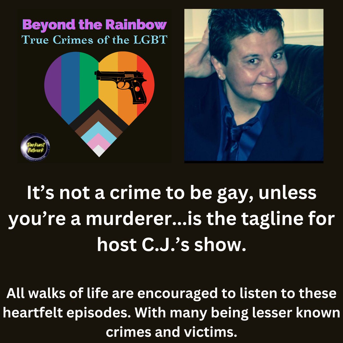 Hey! C.J. is your gay aunt or for some...their fairy podmother who brings to light crimes against and by the LGBTQ community. @rainbowcrimes