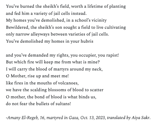 We're going to be highlighting Palestinian poetry all month long for National Poetry Month. We start with 'Protest,' by 16-year-old Amany El-Regeb, who was murdered by Israel on October 13, 2023.