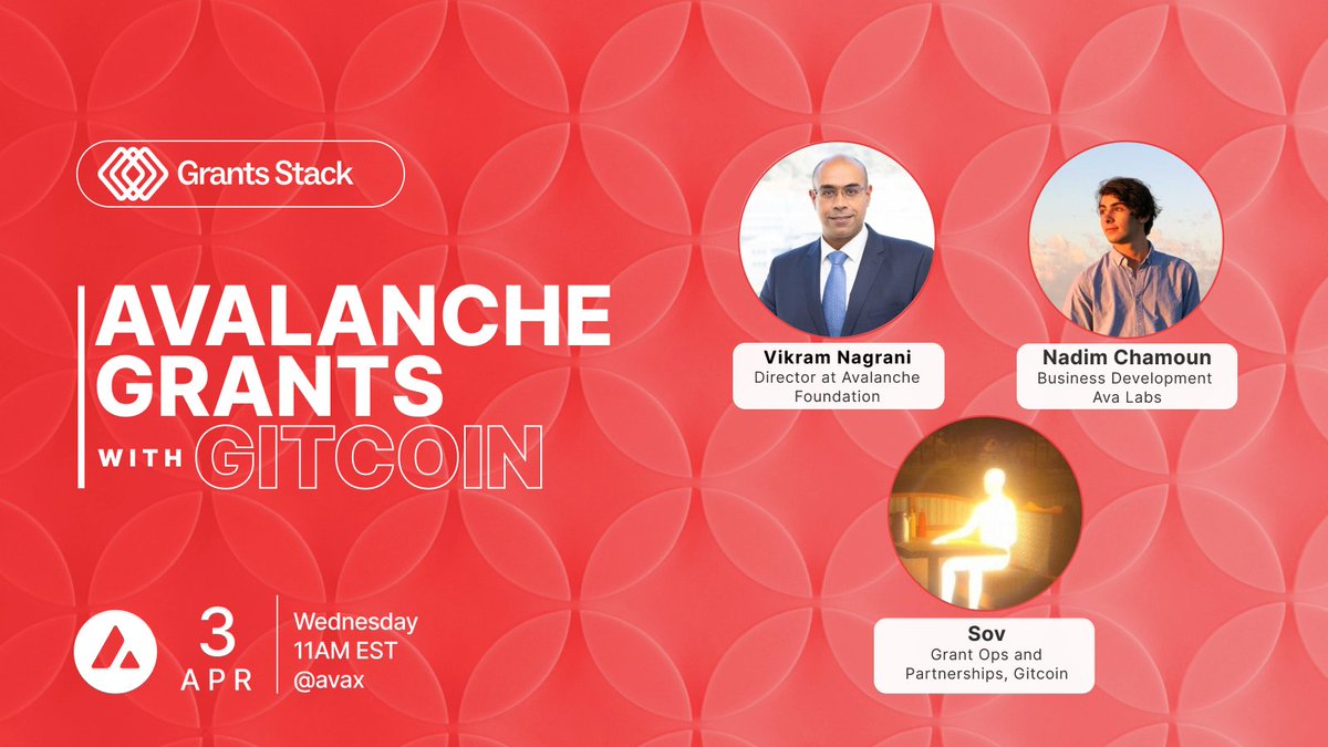avax's tweet image. The Avalanche Foundation recently announced its Community Grants Program, in partnership with Gitcoin, to help bootstrap projects building across the Avalanche ecosystem.

Tomorrow we&apos;re hosting a Spaces with @gitcoin and @AvalancheFDN to discuss how the community can now play a…