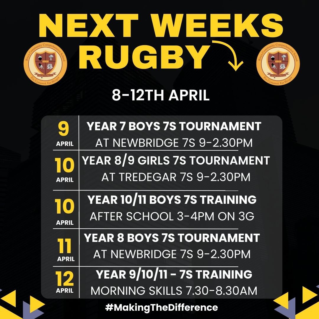 𝐍𝐄𝐗𝐓 𝐖𝐄𝐄𝐊𝐒 🏉 ⤵️

Squads for Next Weeks Boys & Girls 7s Tournaments will be attached below & info will be sent out via ClassCharts!⬇️

#WRUHUB | #MakingTheDifference 🔥