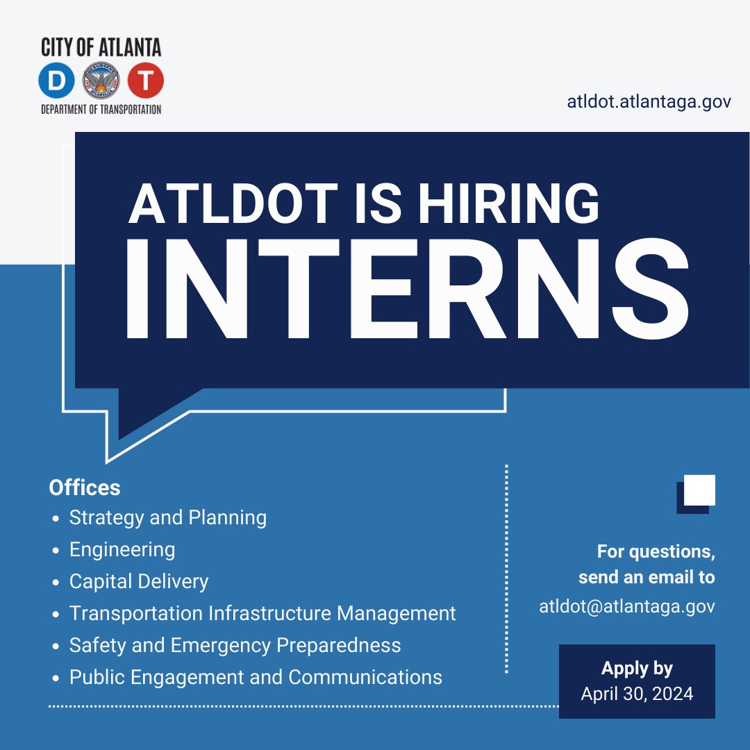 The Atlanta Department of Transportation invites college and graduate-level students to apply to join our team as interns! We have opportunities for various offices and fields, including engineering, analytics, risk management, and more. Get started at linktr.ee/atldotinternsh…