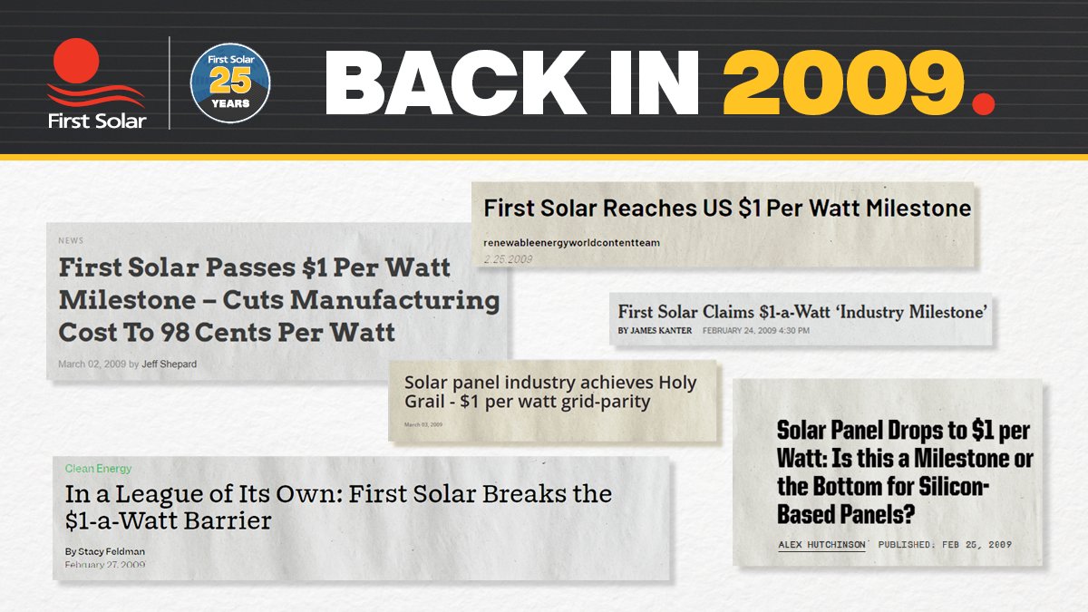 In 2009, First Solar announced it had broken the $1 per watt manufacturing price barrier for solar modules, reaching a major milestone for the industry. This was a significant accomplishment towards the company's dedication to leading the way toward clean, affordable solar