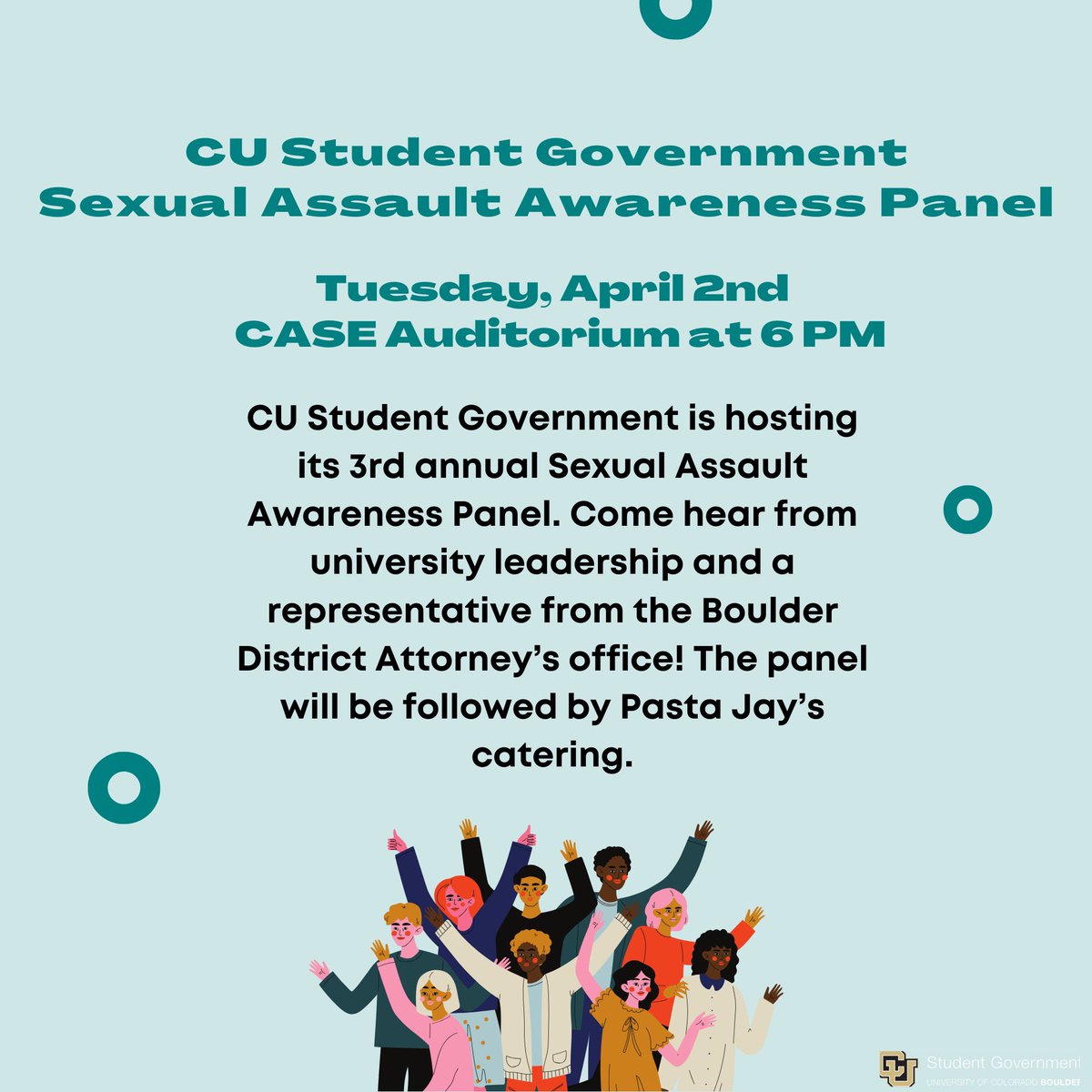 Tonight, we’re hosting a 3rd annual sexual assault awareness panel! This a great chance to learn about how @CUBoulder, @CUBoulderPolice and @DADoughertyCO are working to keep our community safe. (And you can’t beat free Pasta Jays)