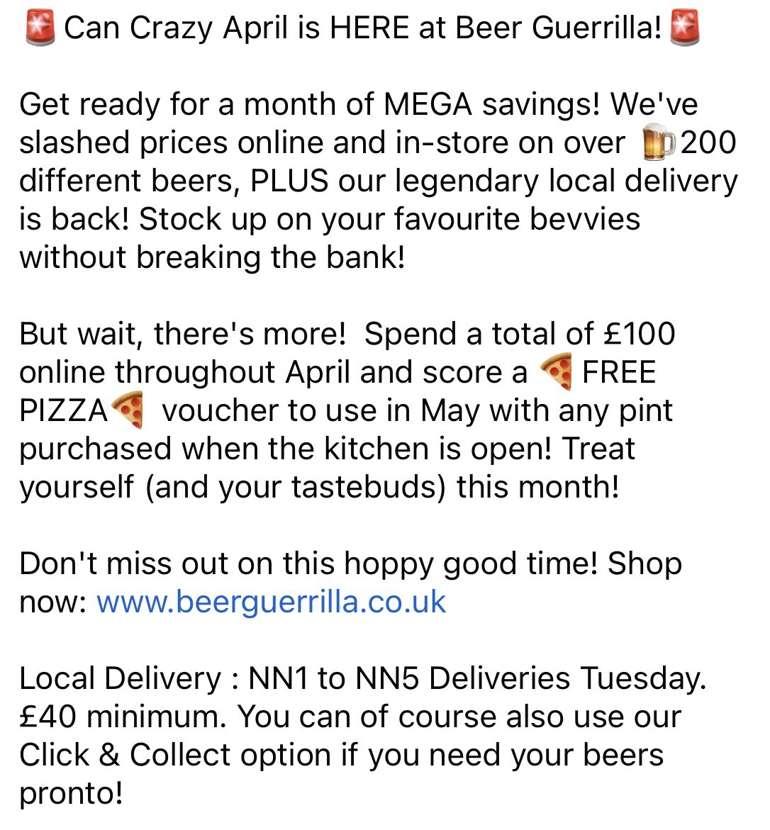 It’s Can Crazy April here at Beer Guerrilla. Prices slashed and FREE PIZZA up for grabs! 🍺🍺🍺🍺🍕 Full details in the images🙄