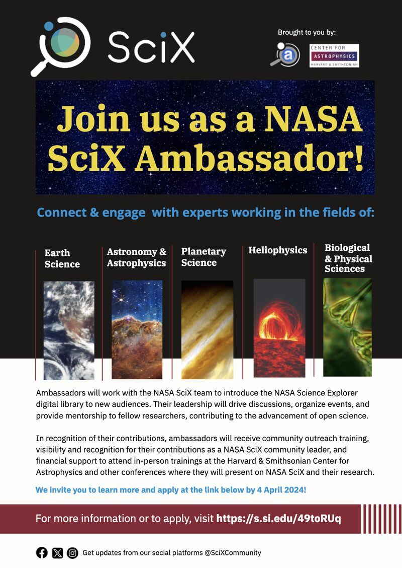 Applications for the NASA SciX Ambassador Program close 4 April! Don't miss the opportunity to represent the NASA SciX user community and engage with researchers across NASA’s Science Mission Directorate. Learn more and submit your application at s.si.edu/3VIWQEu