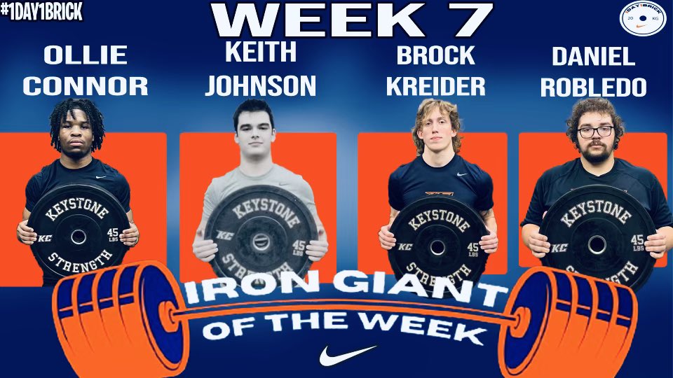 KeystoneFTBL's tweet photo. Iron Giants of the Week!

DB Ollie Conner
LB Keith Johnson
QB Brock Kreider
OL Daniel Robledo 

Attacking our process! 
#1Day1Brick 🔵🧱🟠 https://t.co/ThCBEzr9B8