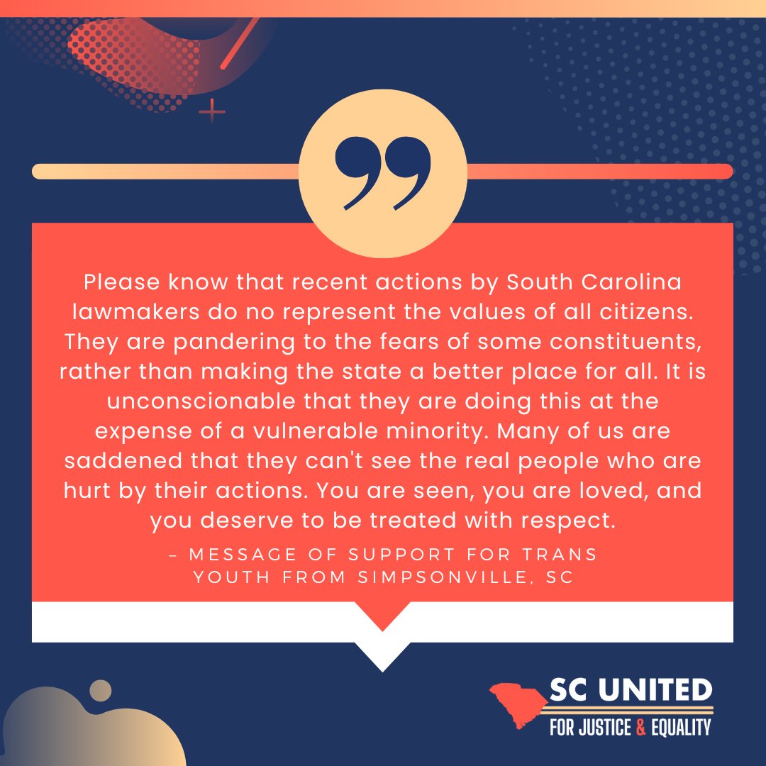 Cruel legislation like H. 4624 doesn’t represent South Carolinians, who love and support trans folks and their continued access to healthcare. We need to show our support for the trans community right now – share your message of love and affirmation ⬇️ southcarolinaunited.org/updates/messag…