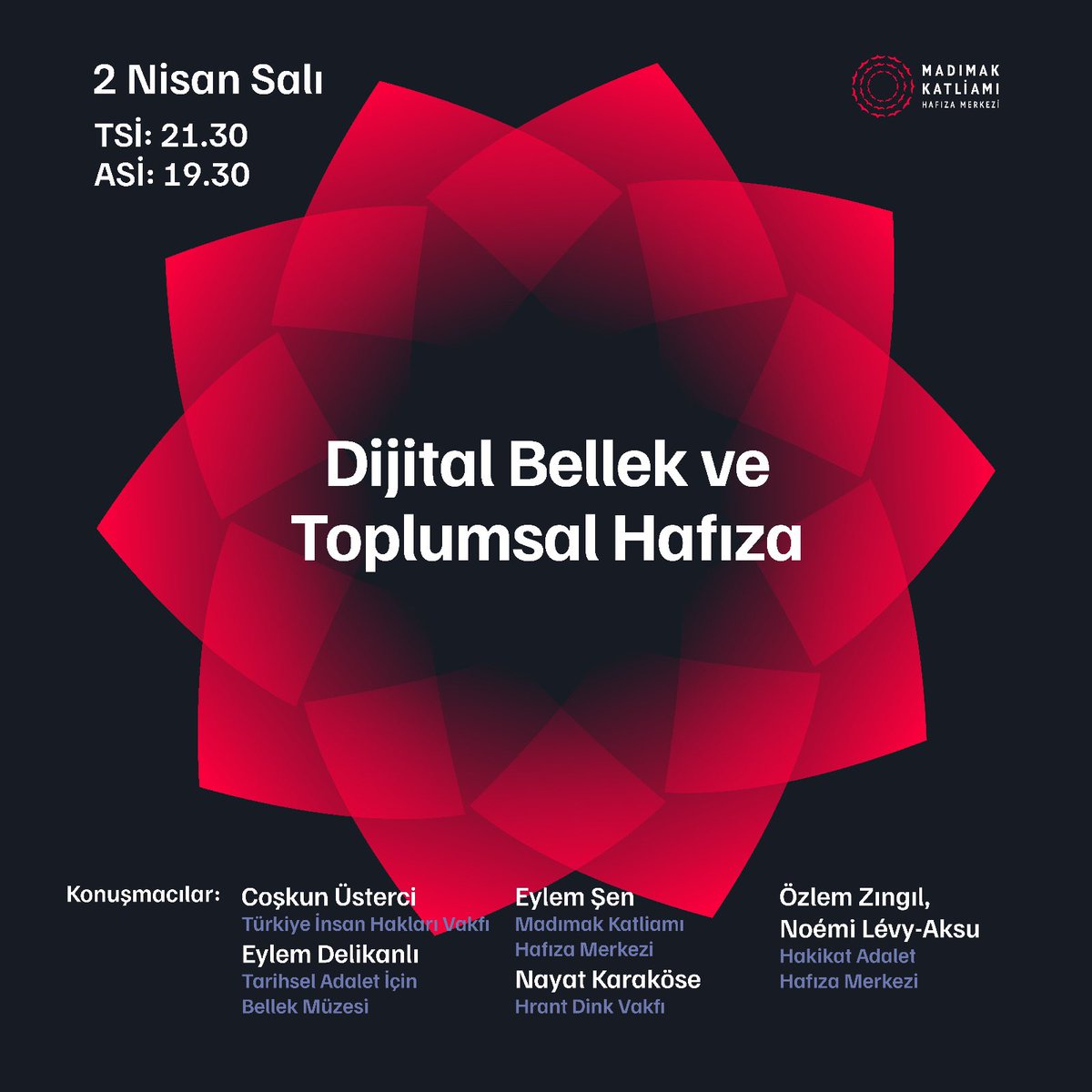 Bu akşam @madimakhafizamerkez tarafından X'te açılacak sohbet odasında 'Dijital Bellek ve Toplumsal Hafıza' konulu söyleşiye Bellek Müzesi adına Yürütücü Direktörümüz Eylem Delikanlı @cagrieylem katılıyor. ⏱️ Türkiye saati ile 21.30, Avrupa saati ile 19.30 Tüm dostlarımızı