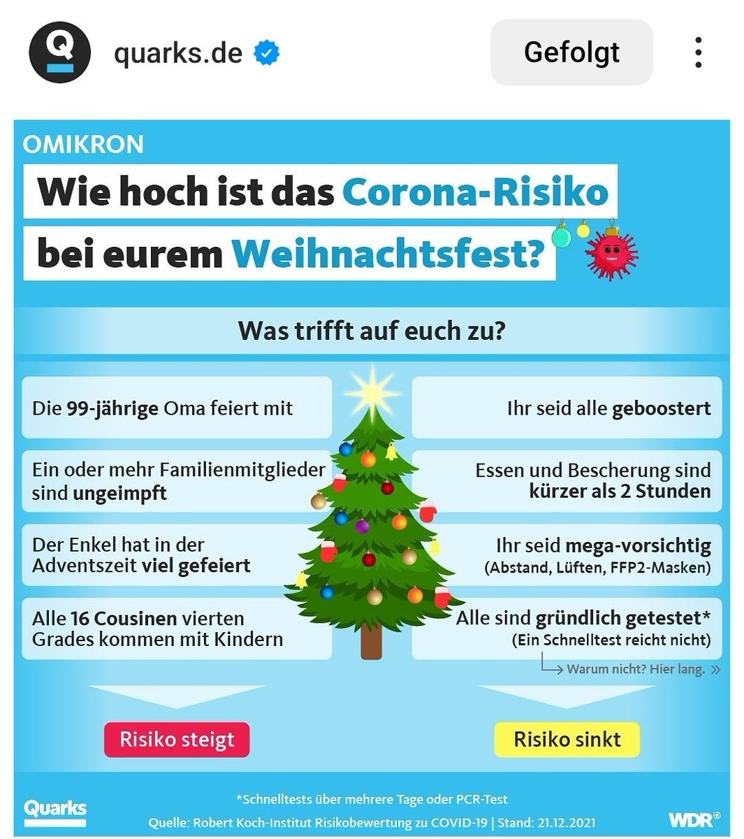 WDR Quarks Tipps zum Weihnachtsfest 2021: Oma ausladen, Essen und Bescherung kürzer als 2 Stunden, Abstand, Lüften, FFP2 Masken. #ReformOerr #OerrBlog