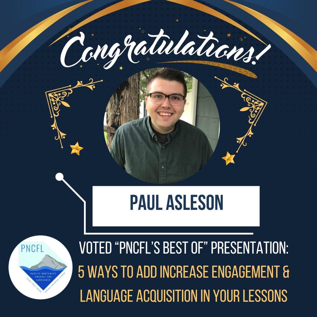 pncfl1949's tweet photo. #langchat #pncfll24

🇩🇪👏🏼Herzlichen Glückwünsche, Paul Asleson! His "Best of Montana"presentation was chosen "Best of PNCFL" by the participants at our Spring Regional conference. 
Paul will represent PNCFL at ACTFL in Philadelphia in November. https://t.co/herqH9Ivyp