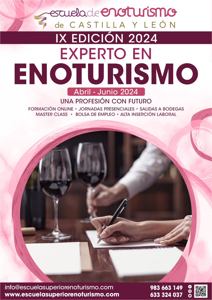 La formación que esperabas...
Experto en Enoturismo combinando clases online con visitas a bodegas, masterclass  presenciales, prácticas en empresas...
Plazas Limitadas 
Solicita Información en info@escuelasuperiorenoturismo.com