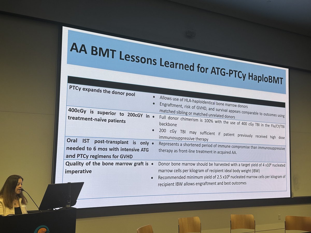 RabiHannaMD's tweet photo. Dr. Heather Symons @hopkinskimmel presents at #NAPAAC 2024 meeting about alternative donor HCT from MUD and Haplo in Idiopathic Severe Aplastic Anemia. https://t.co/BPg3qI56X2