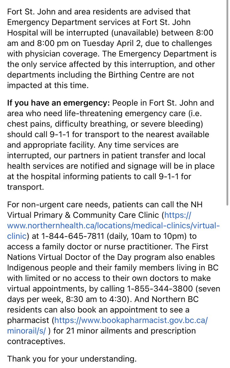 Daniel_Davies's tweet image. Absolutely crazy! No emergency service all day today in Fort St John - this after Fort Nelson has had 4 diversions since March 24th! @adriandix and @JenniferRice6 - the system is broken! Peoples lives are at risk!! This is unacceptable! #health #ndpfail