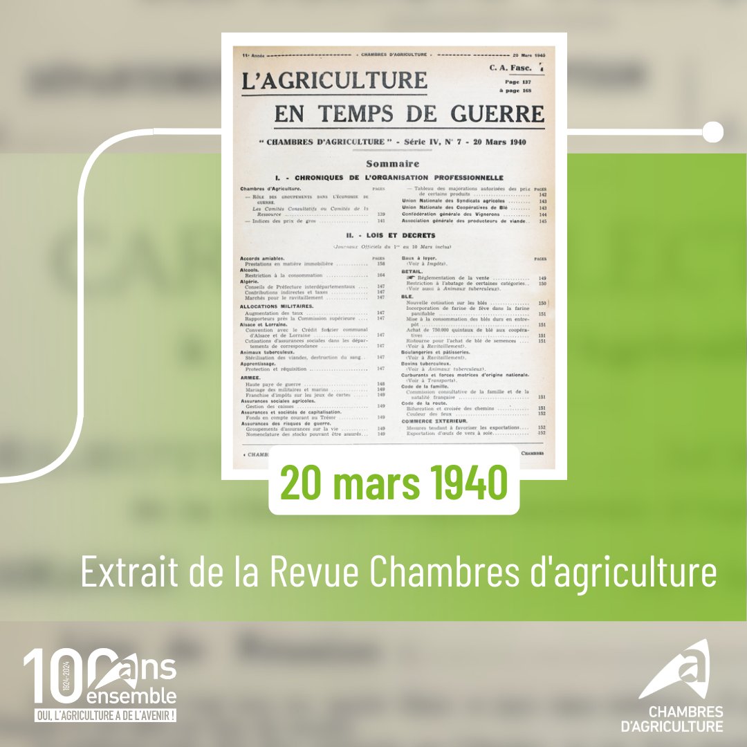 ✨ 100 ans 
Pour célébrer l'histoire des #ChambresAgri, découvrez au fil des décennies les évènements qui ont marqué notre histoire.
📅 Pour cette 2e rétrospective, zoom sur la décennie 1934-1944.
👉Notre livre '100 ans d'histoire' ➡️100ans.chambres-agriculture.fr #100ansChambresAgri