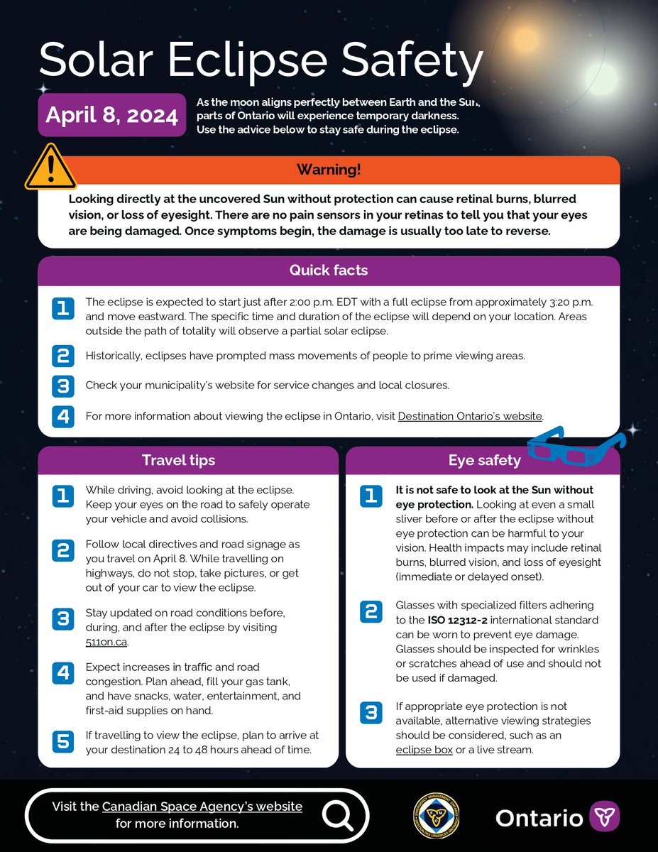 Qimmigration's tweet photo. Excited about the upcoming solar eclipse? Remember to stay safe! Protect your eyes with certified solar viewing glasses and never look directly at the sun. Let's enjoy this celestial event responsibly!🌗🌝
Read the informative posts attached for more safety tips! https://t.co/jjrziKuIba