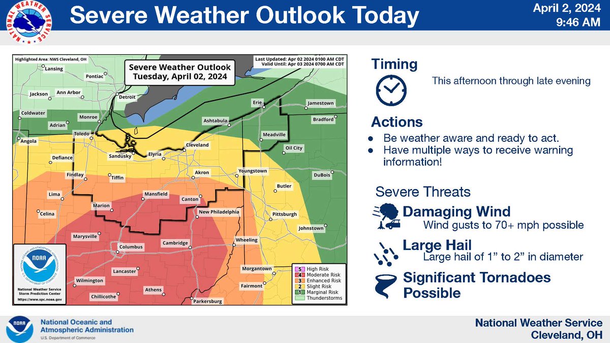 cantonhealth's tweet image. Storm Update: slight shift southward with the greatest severe risk. Canton is at enhanced; parts of SW Stark County are at moderate. All hazards remain possible - damaging winds, large hail &amp;amp; tornadoes. Stay weather alert and be ready to act! #cantonhealth #ohwx #WeatherReady