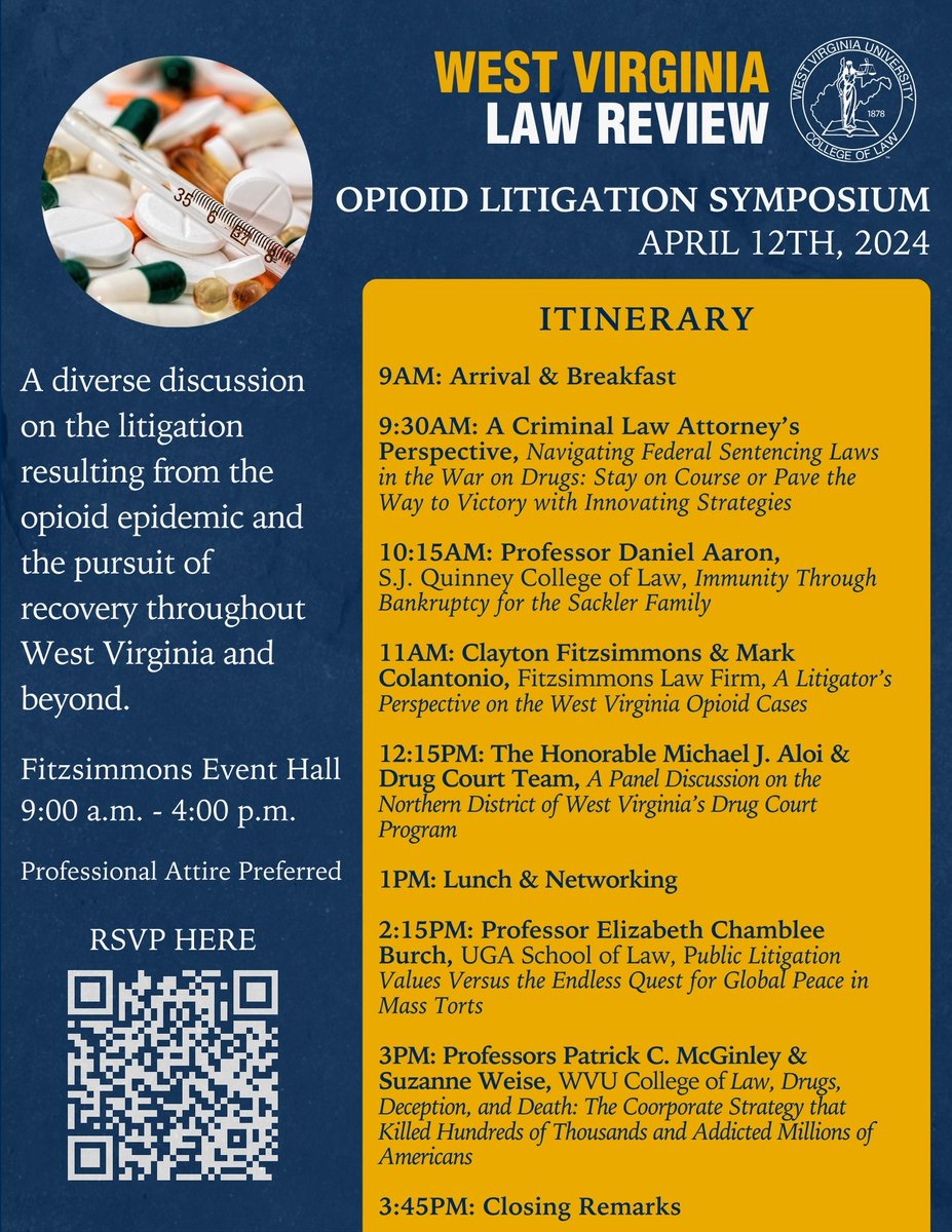 Join <a href="/WVlawreview/">𝐖𝐞𝐬𝐭 𝐕𝐢𝐫𝐠𝐢𝐧𝐢𝐚 𝐋𝐚𝐰 𝐑𝐞𝐯𝐢𝐞𝐰</a>'s annual symposium on April 12 and hear from esteemed speakers who will delve into multifaceted aspects of the opioid crisis, offering insightful discussions and strategies for addressing this critical issue in our community and beyond. bit.ly/49o8OX0