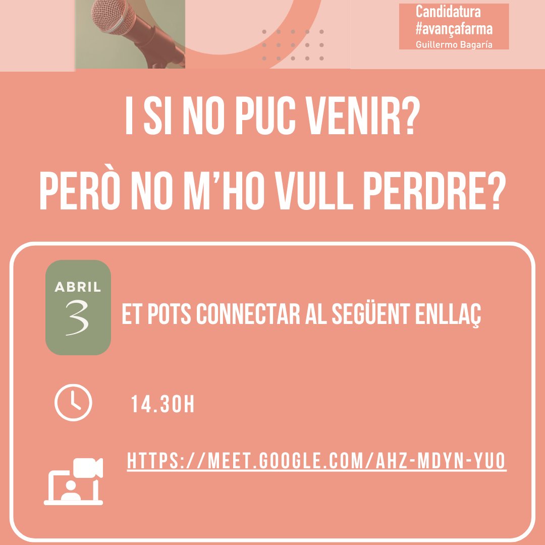 Ens veiem demà, dia 3 d’abril, a Sabadell,a les 14.30h a l'Acadèmia de Ciències Mèdiques i de la Salut de Catalunya i de Balears. 
Inscriu-te aquí: avançafarma.cat/registre/
I si no pots venir, no et preocupis, pots connectar-te al següent enllaç: meet.google.com/ahz-mdyn-yuo
T’esperem!