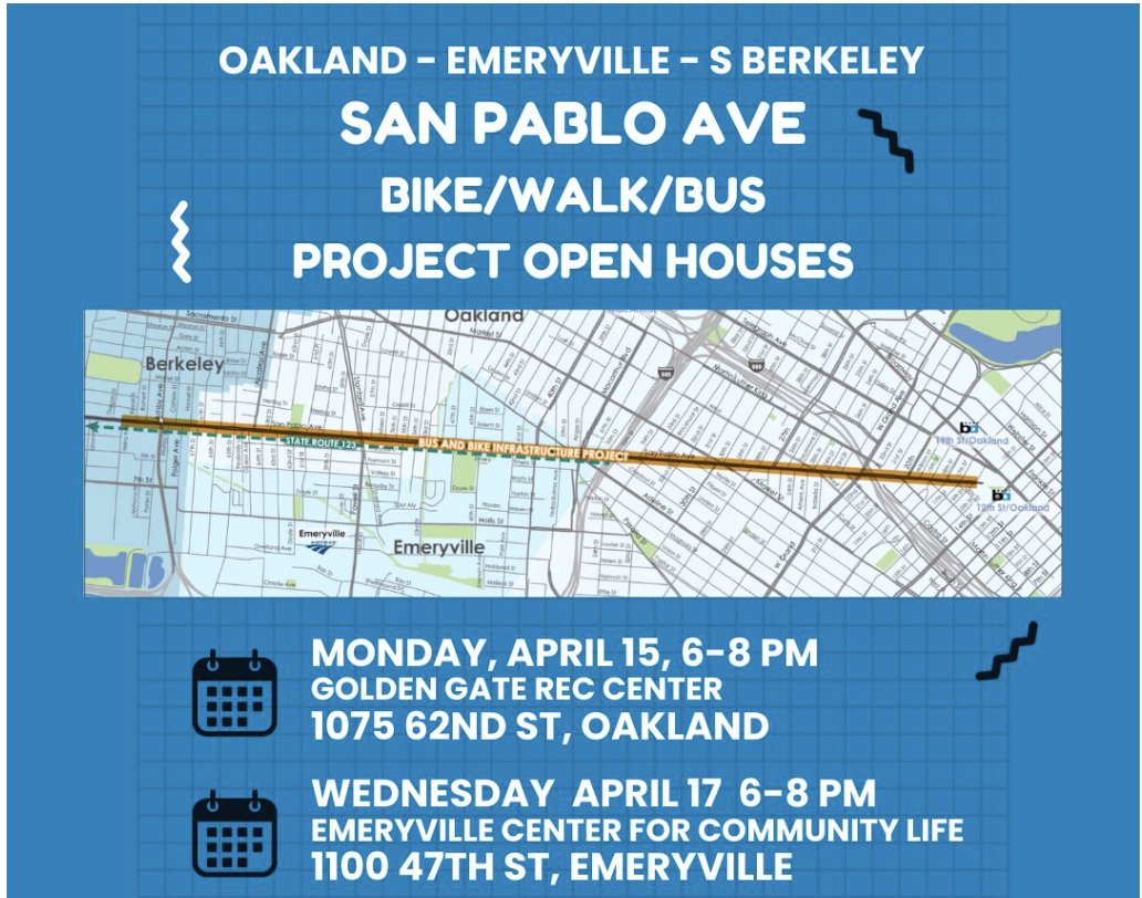San Pablo Ave - Bike/Walk/Bus Project Open Houses in Oakland (4/15) and Emeryville (4/17) Get info and give your feedback on designs for the Bus Lanes and Bike Lanes Project in Oakland, Emeryville, and South Berkeley More info: bikeeastbay.org/events/san-pab… Graphic c/o @BikeEastBay