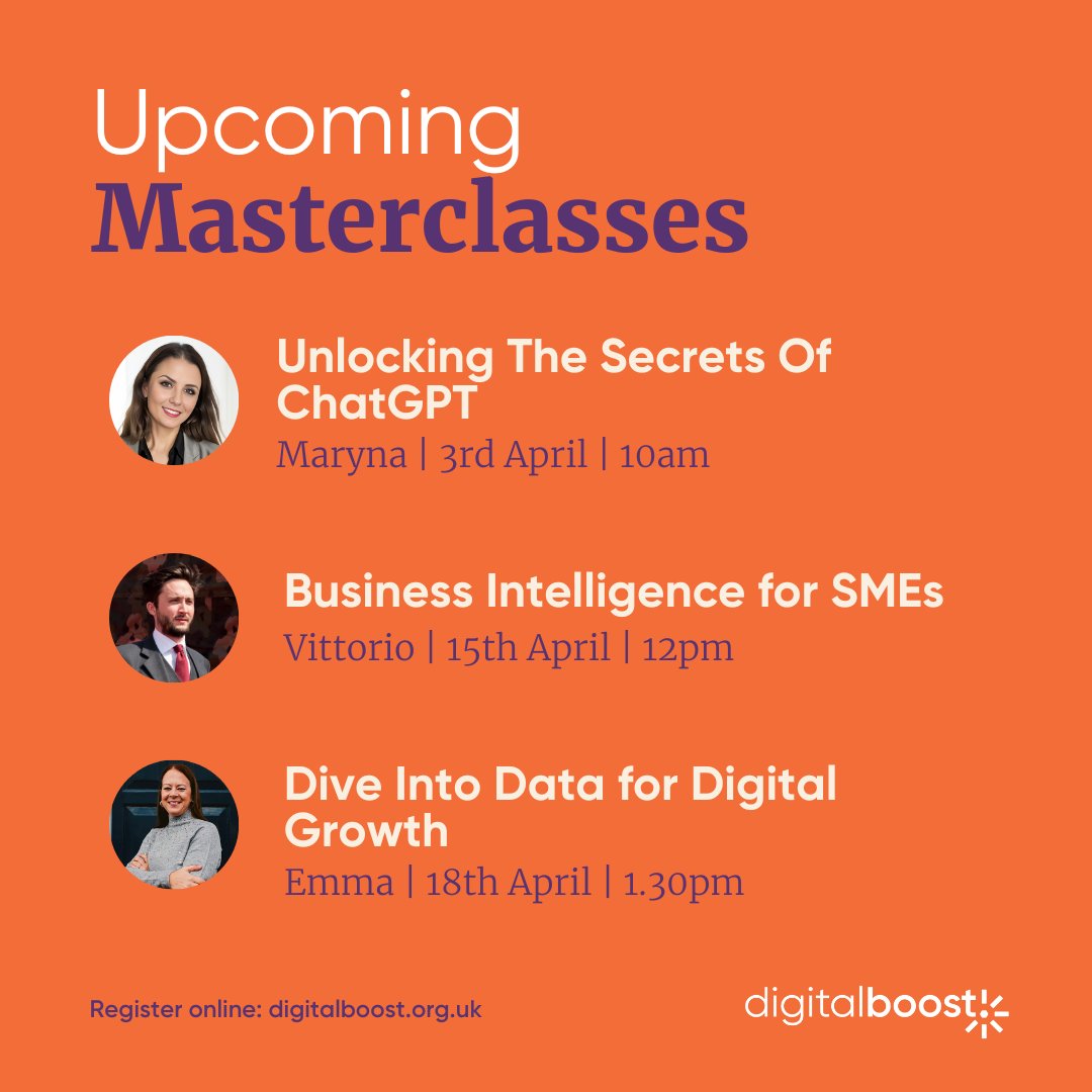 You won't want to miss these free Masterclasses 🤩 These Masterclasses are for you if you want to learn more about #AI & #ChatGPT, #data & #businessgrowth, and #businesstools that will make your life easier! Register for free for all our events here 👇 eu1.hubs.ly/H08npkv0