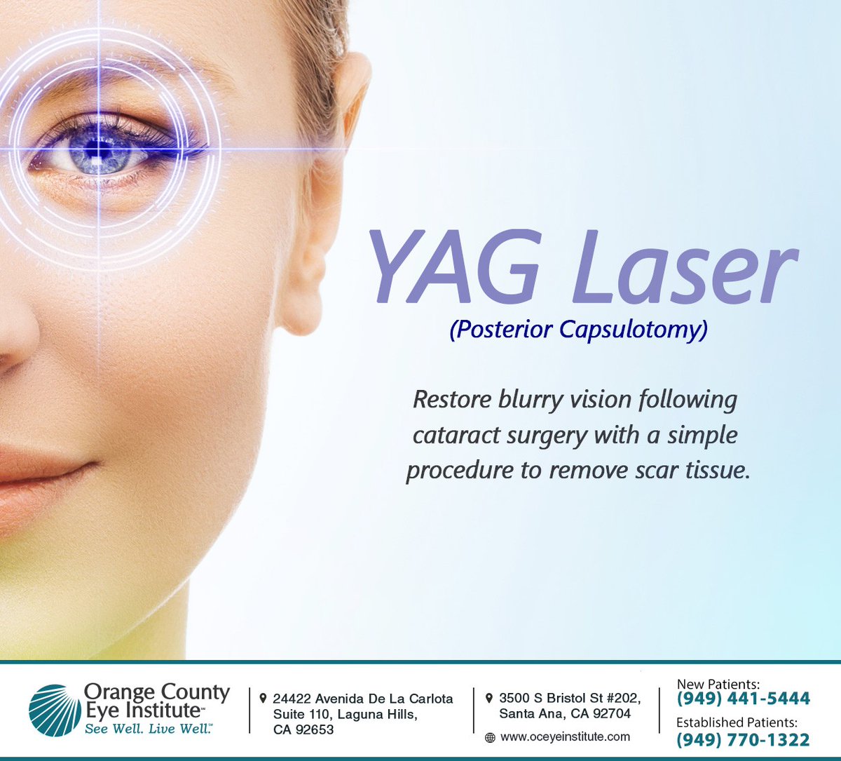OCEyeInstitute's tweet image. In some cases, scar tissue may build up after lens replacement following cataract surgery. YAG laser surgery can resolve this issue and restore your vision. Visit oceyeinstitute.com to learn more. #yaglaser #lagunahillseyedr