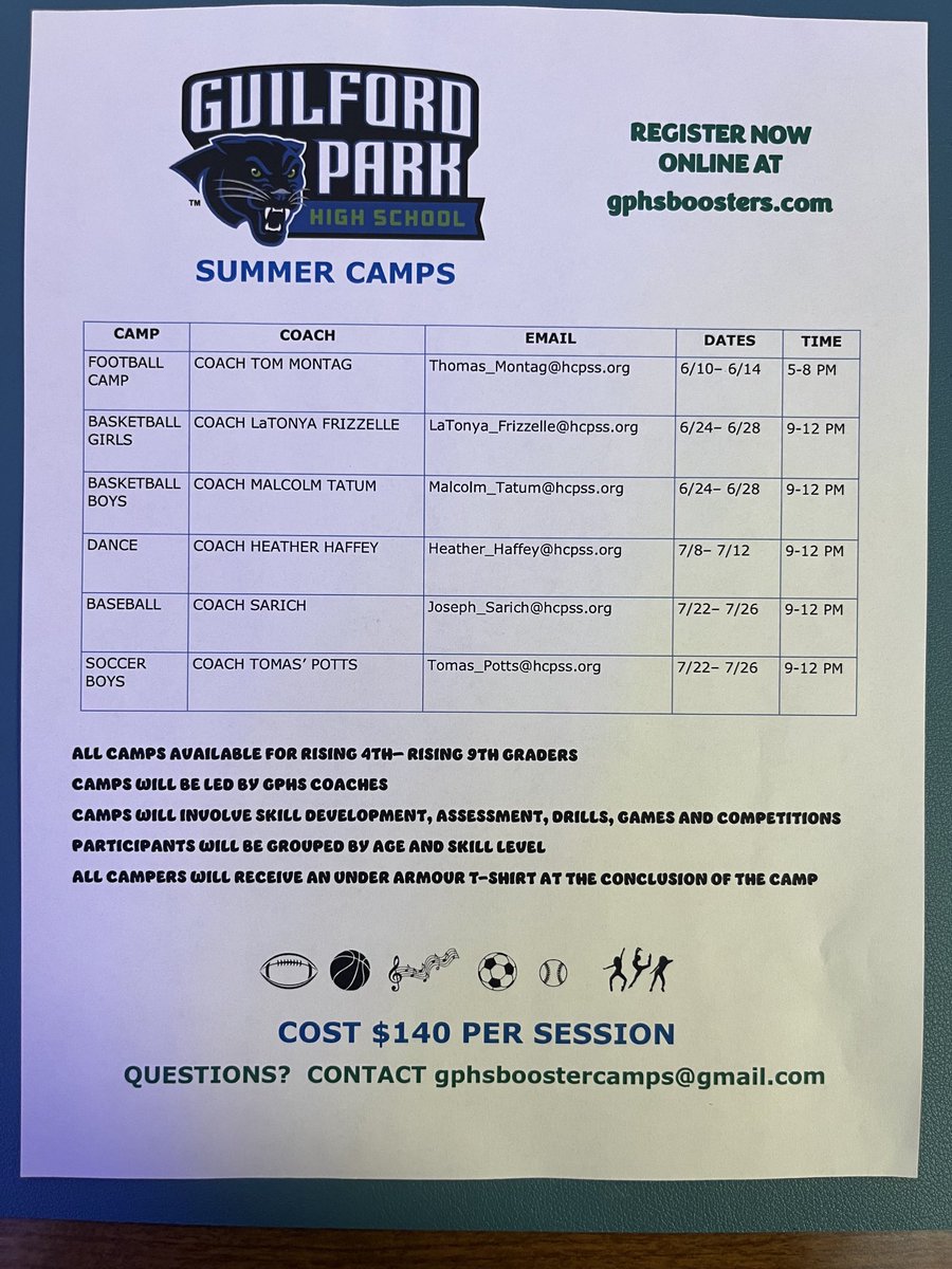Guilford Park HS Athletics (@gphspanthers) on Twitter photo Just Announced: <a href="/GPHSBoosters/">Guilford Park High School Boosters</a> Summer Camps! Rising 4th-9th graders can come learn from some of the BEST coaches in HoCo! <a href="/GPHS_Football/">Guilford Park Football</a> <a href="/GPHS_BoysSoccer/">Guilford Park BSoccer</a> <a href="/MTatum__/">Malcolm Tatum™</a> <a href="/GPHS_Baseball/">Guilford Park Baseball</a> Just Announced: <a href="/GPHSBoosters/">Guilford Park High School Boosters</a> Summer Camps! Rising 4th-9th graders can come learn from some of the BEST coaches in HoCo! <a href="/GPHS_Football/">Guilford Park Football</a> <a href="/GPHS_BoysSoccer/">Guilford Park BSoccer</a> <a href="/MTatum__/">Malcolm Tatum™</a> <a href="/GPHS_Baseball/">Guilford Park Baseball</a>