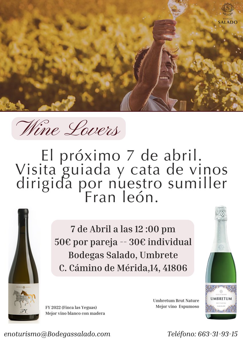 bodegassalado's tweet photo. Ven este próximo domingo a disfrutar de una cata de nuestro sumiller @_FranLeon en Bodegas Salado.
Más inf: 663319315
#catavino #primavera #Sevilla #bodegassalado #vinosdesevilla. https://t.co/u1zgdThvkO