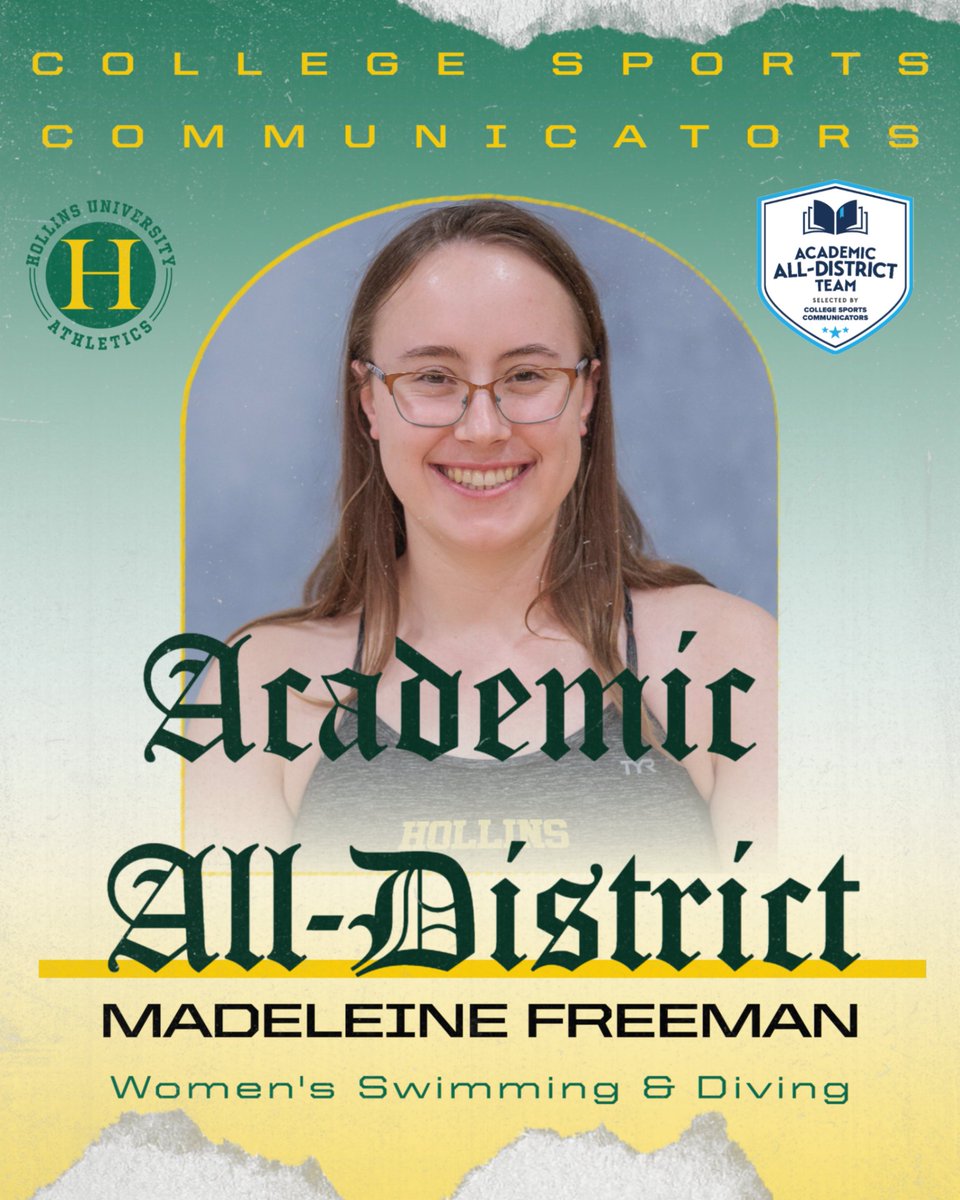 Congratulations to Madeleine Freeman of @hollinsswimming on being named @collsportssomm Academic All-District for Women's Swimming and Diving. #MyHollins