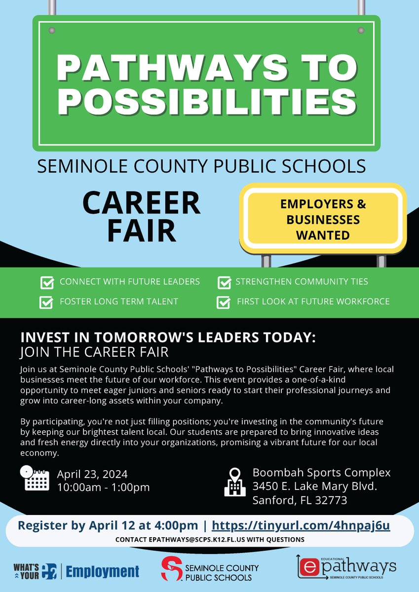 Seminole County Public Schools is hosting the Pathways to Possibilities Career Fair for employers to connect with juniors & seniors ready to start their professional journeys. Employers can register at tinyurl.com/4hnpaj6u. @SCPSInfo #CareerFair #Employers #Businesses